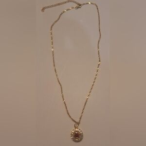 Oak & Ivy Boutique Gold Tone Necklace W/ Faux Ruby & Bling Pendant 17.75-21" NEW